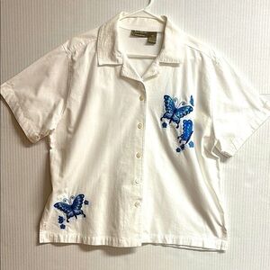 Jane Ashley Casual Life White W/Blue Butterflies Ladies Button Up Shirt Size XL